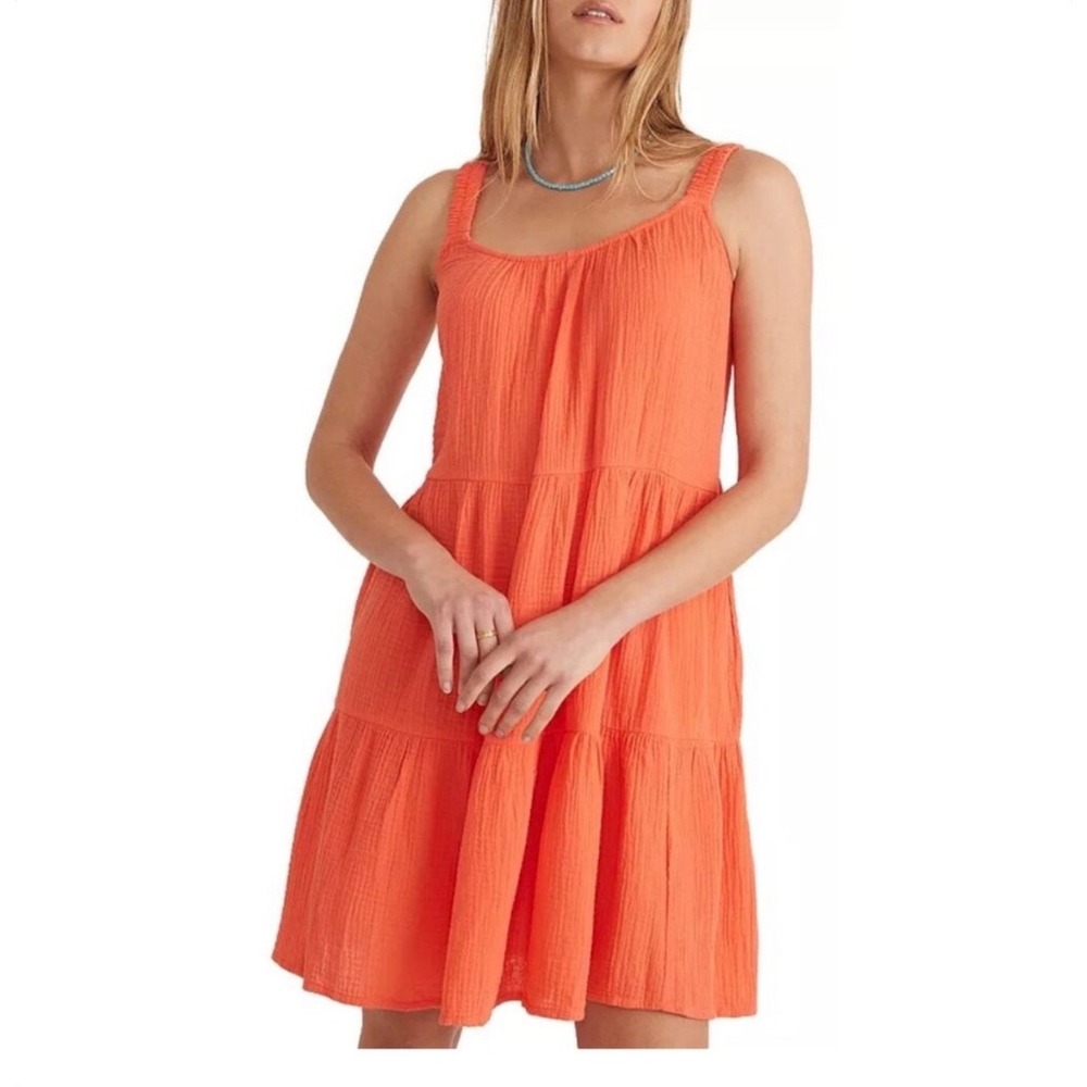 Marine Layer Bright Orange Cotton Gauze Tiered Mini Dress XL Pockets Sleeveless